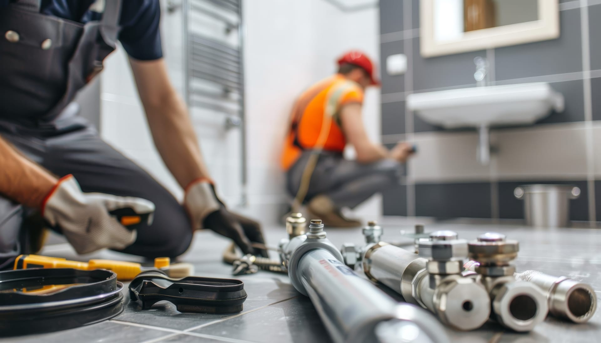 Anvil technicians on a bathroom plumbing job